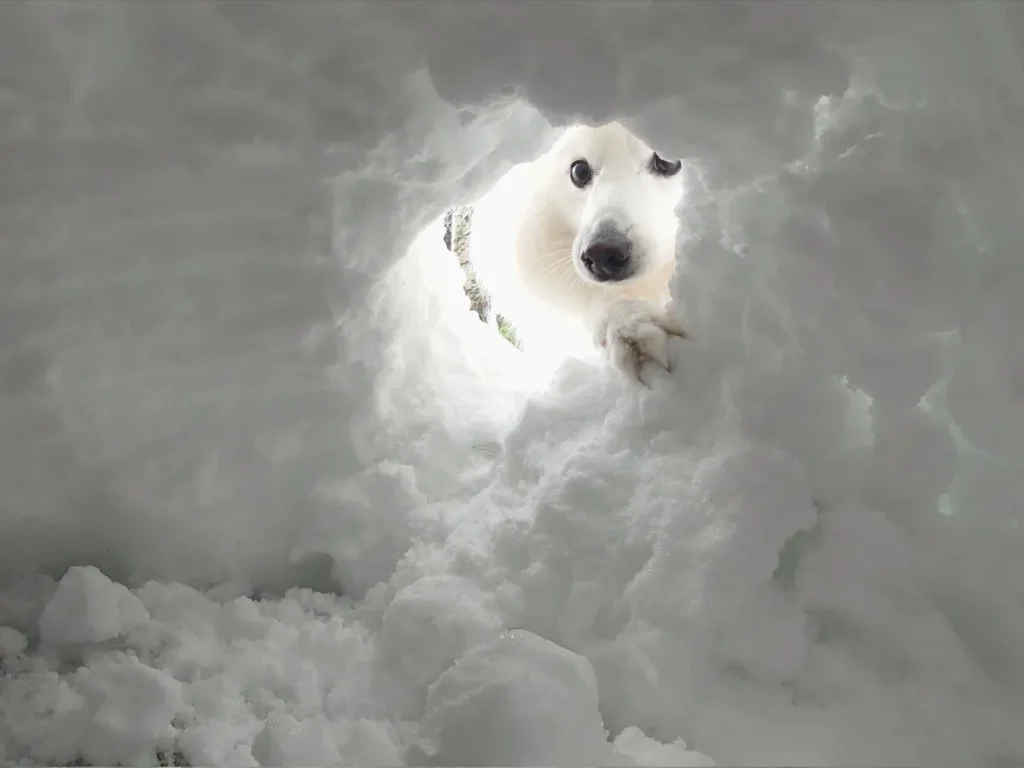 かまくらを覗く犬