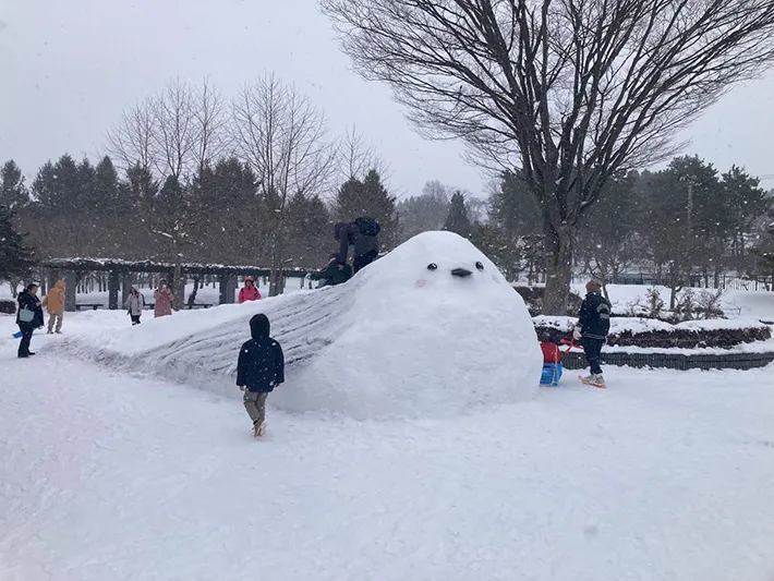 雪でできたシマエナガ滑り台の写真