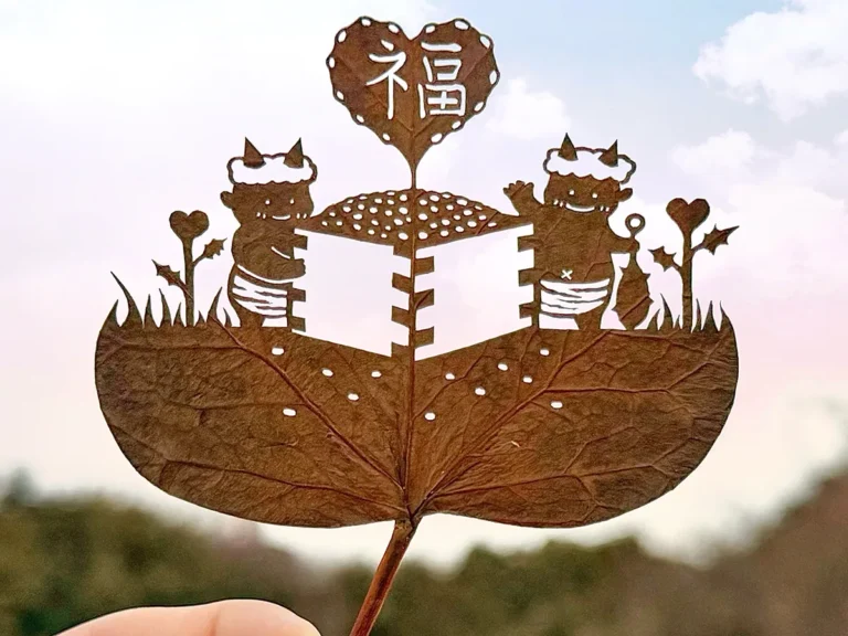 葉っぱで作った節分の切り絵