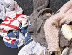 洗濯物にかこまれた犬の写真