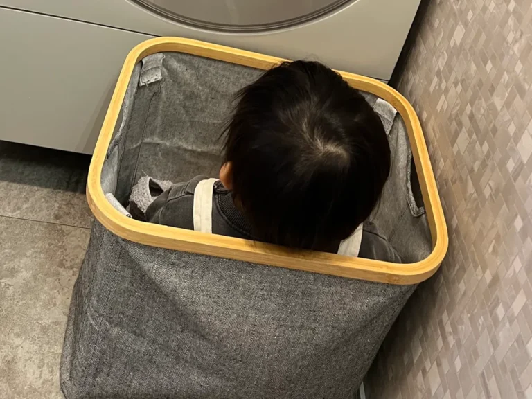 洗濯機を見る男の子の写真