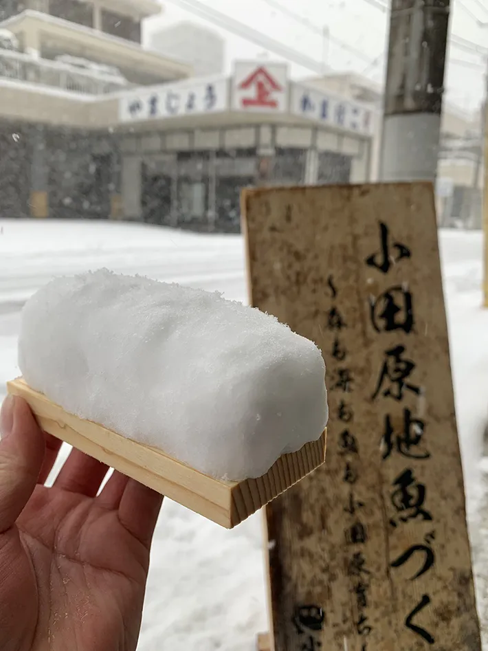 雪で作った蒲鉾の写真