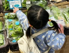 スーパーの野菜売り場にいる2歳児の写真