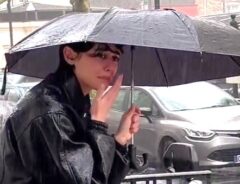 傘を差して犬を雨宿りさせる女性