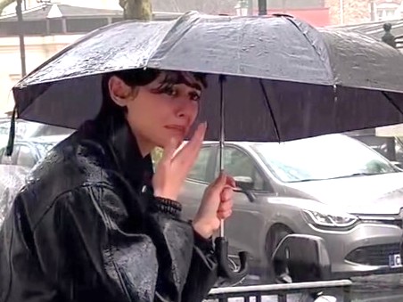 傘を差して犬を雨宿りさせる女性